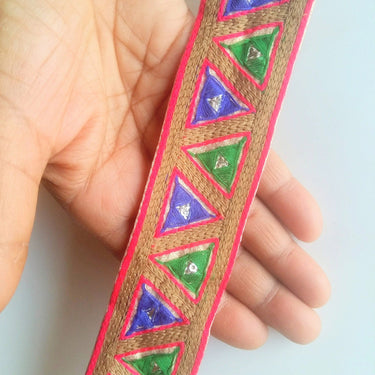 Gold Fabric Trim With Brown, Green, Blue / Red And Fuchsia Pink / Orange Thread Triangle Embroidery - 200317L270/71